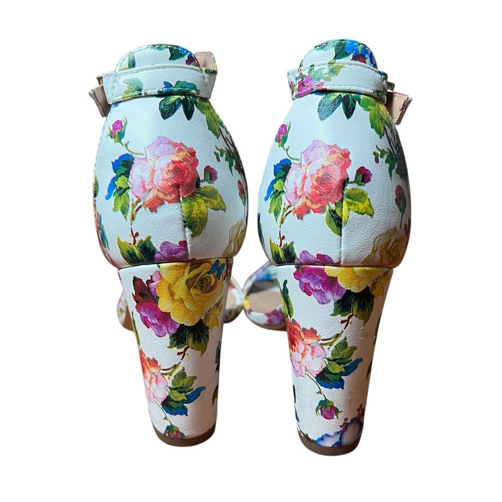 Madden Girl Heeled Sandals Women's Sz 7.5 White Floral Brigid Ankle Strap Spring - Picture 5 of 13